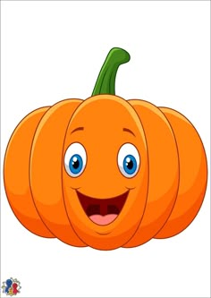 a cartoon pumpkin with blue eyes and big smile on it's face is smiling