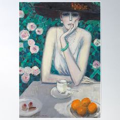 a painting of a woman sitting at a table next to oranges and a cup