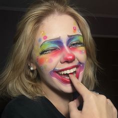 #makeup #clown Hippy Makeup Halloween, Simple Clown Makeup Easy, Casual Clown Makeup, Spooky Clown Makeup, Happy Clown Makeup, Rainbow Clown Makeup, Neon Clown Makeup, Colorful Clown Makeup