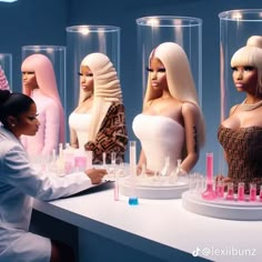 a woman is looking at mannequins with different hair colors and makeup products