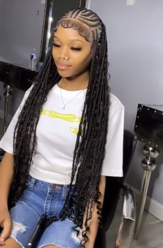 big feed in braids in a ponytail Feedins In The Front And Knotless In The Back, Trible Braids Hairstyles, Trending Braids For Black Women, Small Fulani Braids, Zig Zag Fulani Braids, Big Fulani Braids, Tribals With Knotless Braids, Braided Hairstyles Black Women, Fulani Braids Hairstyles Designs