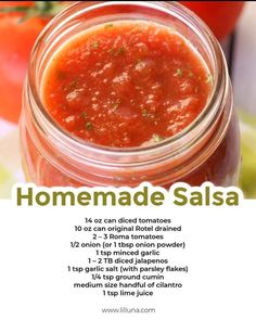 the recipe for homemade salsa in a jar