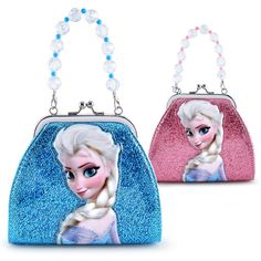 two frozen princess purses with beaded handles and straps, one in pink and the other in blue