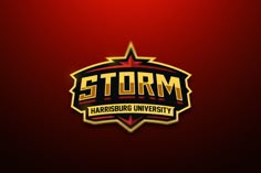 the storm logo is shown on a dark red background with yellow and black letters that read,'storm harriscure university '