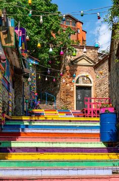 colorful steps lead up to an old building