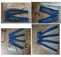 four pictures showing how to sew denim pants with the same pattern as they are