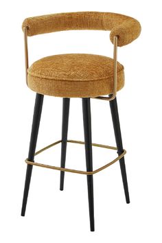 an upholstered bar stool with black legs and a tan fabric seat cushion on the back