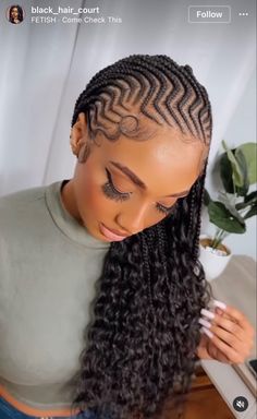 Braided Ponytail Hairstyles Cornrow, Black Goddess Hairstyles, Feed In Cornrows With Box Braids, Box Braids With Cornrows On Top, Cornrow With Box Braids In The Back, Zig Zag Braids For Black Women, Cornrows With Twists In The Back, Conrow Ponytails, Two Step Ghana Weaving Hairstyles