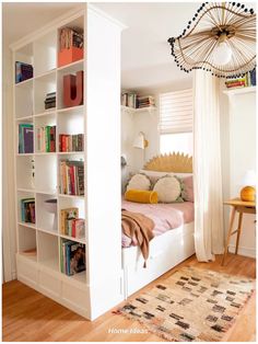 a bedroom with white bookcases filled with books and a bed in the corner