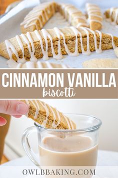 cinnamon vanilla biscotti is being drizzled with icing