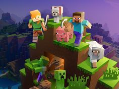 several minecraft characters standing on top of a hill in front of a purple sky