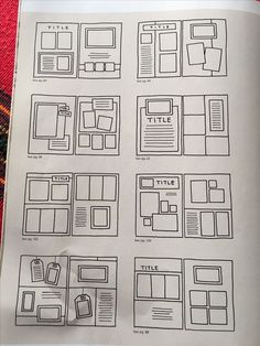 an open book with sketches of different webpages on the front and back pages