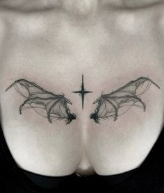 Bat Cluster Tattoo, Wings Chest Tattoo Female, Bat Wings Chest Tattoo, Small Of Back Tattoo, Raven Wing Tattoo Feminine, Alt Chest Tattoo, Hip Tattoo Cover Up, Bat Throat Tattoo, Tattoo Bat Wings