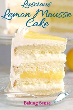 a slice of lemon mousse cake on a plate with the title, delicious lemon mousse cake