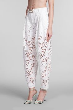 100% polyester Luxury White Bottoms For Evening, Luxury White Bottoms For Evening Wear, Luxury White Evening Pants, Luxury Tapered Leg Bottoms For Spring, Luxury White Pants For Spring, Luxury White Party Bottoms, Luxury High-waisted Spring Pants, Luxury High-waisted Pants For Spring, Designer Formal Spring Bottoms