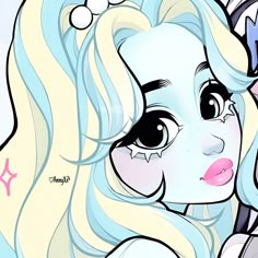 a drawing of a girl with long blonde hair and blue eyes, wearing an ice princess costume