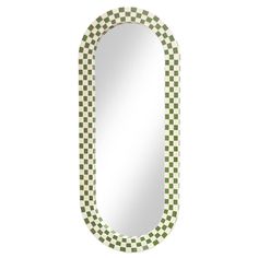 a green and white oval mirror with checkered design on the bottom, against a white background