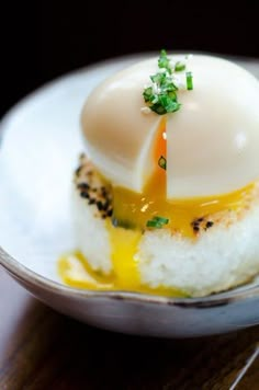 an egg on top of rice in a bowl with sauce and green garnish