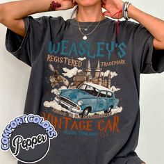 Step into the magical world of wizards and witches with our enchanting Wizard Flying Car Comfort Colors Shirt! This vintage-style Weasley car tee is the perfect addition to any bookish reader's wardrobe. Whether you're a fan of Harry and his magical adventures or simply love wizardry, this Universal fan t-shirt is sure to charm you. Embrace your love for wizard houses and schools with this cozy and stylish shirt that pays homage to the world of magic. A great gift for readers and HP fans alike, this shirt is like a piece of Potter merch that you can wear with pride. So hop on your broomstick and fly into a world of comfort and style with our magical adventure apparel! 🔥 SAVE40: Use this code for a 40% discount when purchasing 3 or more items. I. ABOUT PRODUCT - Brand: Comfort Colors® - Ex Car Comfort, Magical Adventure, Harry Potter Shirts, Cars Tees, Pepper Color, Adventure Outfit, Flying Car, Car Shirts, Comfort Colors Shirt