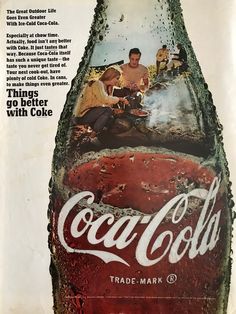 an advertisement for a coca cola bottle with people sitting on it