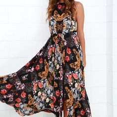 Lulus Butterfly's Ball Black Floral Print Maxi Dress Size: Large Fit: This Garment Fits True To Size. Length: Floor Length. Bust: Great For Any Cup Size. Hip: Not Fitted - Room For Hips. Fabric: Fabric Has No Stretch. Black Floral Print, Floral Print Maxi Dress, Floral Print Maxi, Lulu Dresses, Cup Size, Black Orange, Orange Black, Black Floral, Floor Length