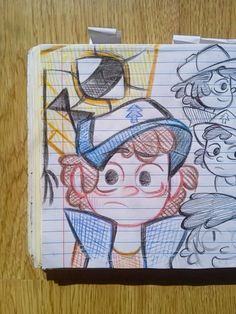 a drawing of a boy in baseball cap and uniform with other drawings behind him on lined paper