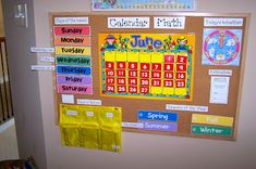 a bulletin board with calendars on it next to a stair case in a child's room