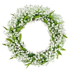 a wreath with white flowers and green leaves