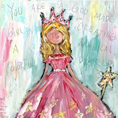 a painting of a girl in a pink dress with a tiara on her head