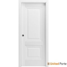 an open white door with the word united portet written on it's side