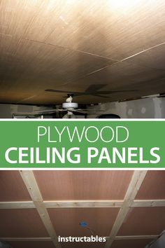 an overhead ceiling with the words plywood ceiling paneling panels above it and below