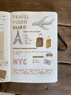 an open traveler's notebook with various travel related items on the page and in color