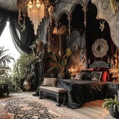 an ornately decorated bedroom with lots of plants