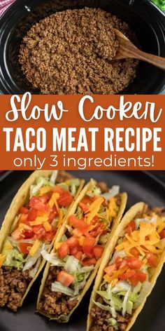 slow cooker taco meat recipe on a black plate with the title above it