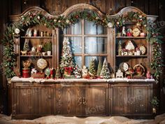 an old fashioned christmas display with clocks and garlands on the windowsill in front of a wooden paneled wall