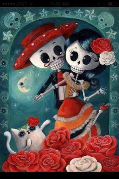 a painting of two skeletons and a cat on a table with roses in the foreground