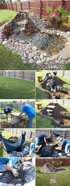 some people are working in the yard with rocks and water to build a garden pond