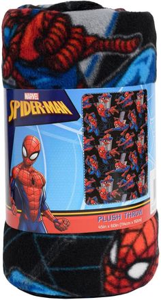 spider - man plush throw blanket in black and blue, with the image of an animated character on it