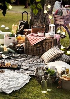 an outdoor picnic is set up in the grass with lights strung from trees and lawn furniture