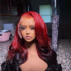 26” Frontal Wig Red And Pink Wig For Black Women, Black And Red Hairstyles For Black Women, Red Roots Black Hair Wig, Burgundy Lace Front Wig Styles, Prom Wig Styles, Colors That Go With Red Hair, Red And Black Lace Front Wig, Red To Black Hair, Black Frontal Wig Hairstyles