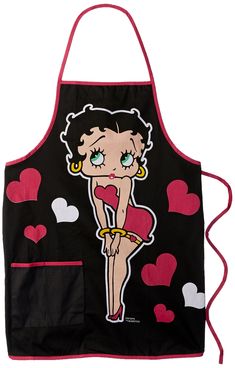 a black apron with a cartoon girl on it