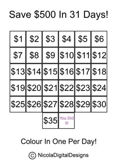 the $ 500 in 3 days color in one per day with numbers on each side