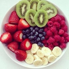 a white bowl filled with sliced kiwis, strawberries, bananas and blueberries