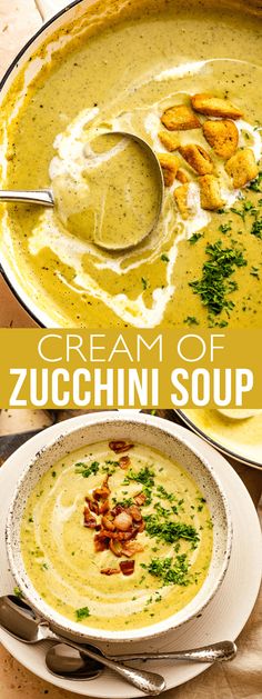 creamy zucchini soup in a white bowl with a spoon on the side and an overhead view of it