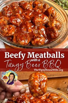 The photo shows meatballs in delicious sauce. Made with ground beef and a delicious sauce made from ketchup, brown sugar, white wine vinegar and Worcestershire - perfect for fall parties and football tailgates. The brightly colored banner displays the name of the recipe, "Beefy Meatballs With A Tangy Beer BBQ." Housewife Recipes, Crockpot Thanksgiving, Beer Bbq Sauce, Tipsy Housewife, Beer Sauce, Meatball Dinner, Beef Meals, Tangy Bbq Sauce, Crock Pot Meatballs