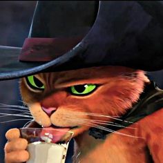 a cat wearing a hat and holding a drink