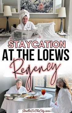 two people sitting at a table in front of a window with the words staycation at the loews