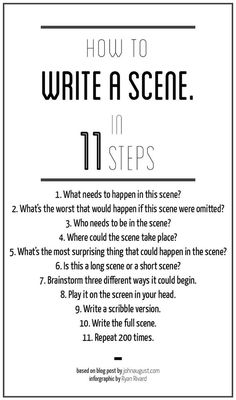 the instructions for how to write a scene in 11 steps, with text overlay