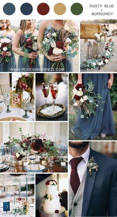 wedding color palettes with burgundy, green and white flowers on the table in front of them