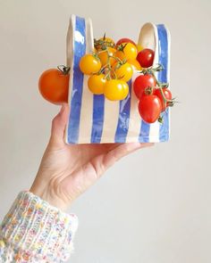 a hand holding a ceramic container with tomatoes and cherry tomatoes in it